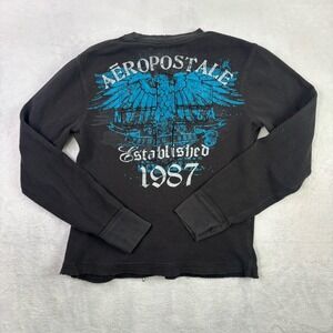 Y2K Aeropostale Black Long Sleeve Waffle Knit Thermal Shirt Graphic Women's M